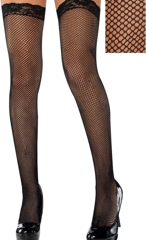 Online Adult Black Fishnet Thigh-High Stockings With Lace Top Tights