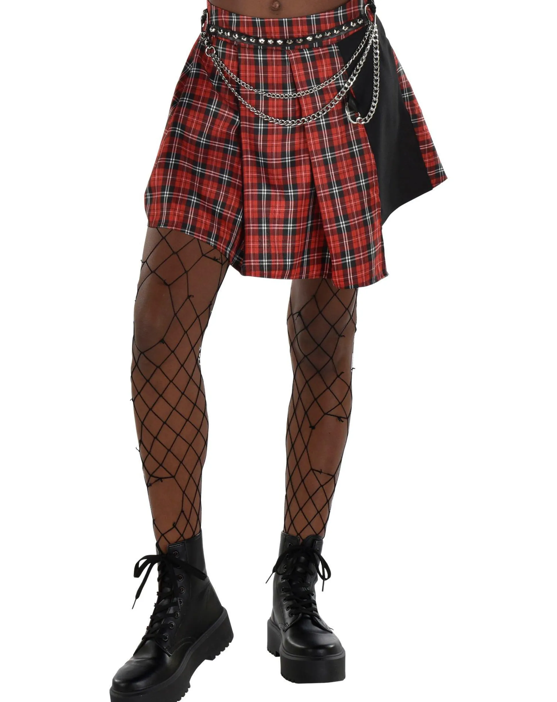 Sale Adult Red Plaid Pleated Skirt With Chain Belt - Punk Tutus, Skirts