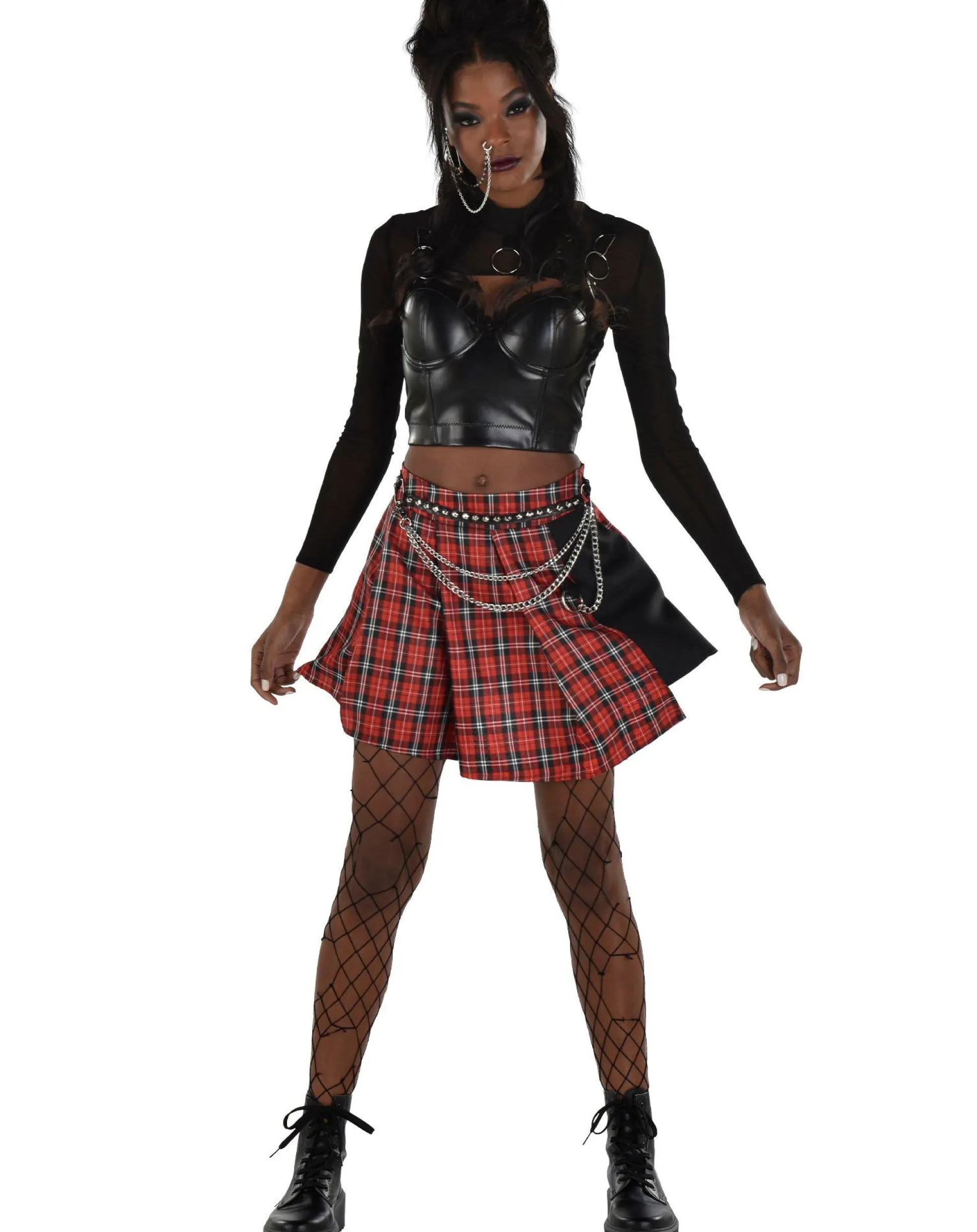 Sale Adult Red Plaid Pleated Skirt With Chain Belt - Punk Tutus, Skirts