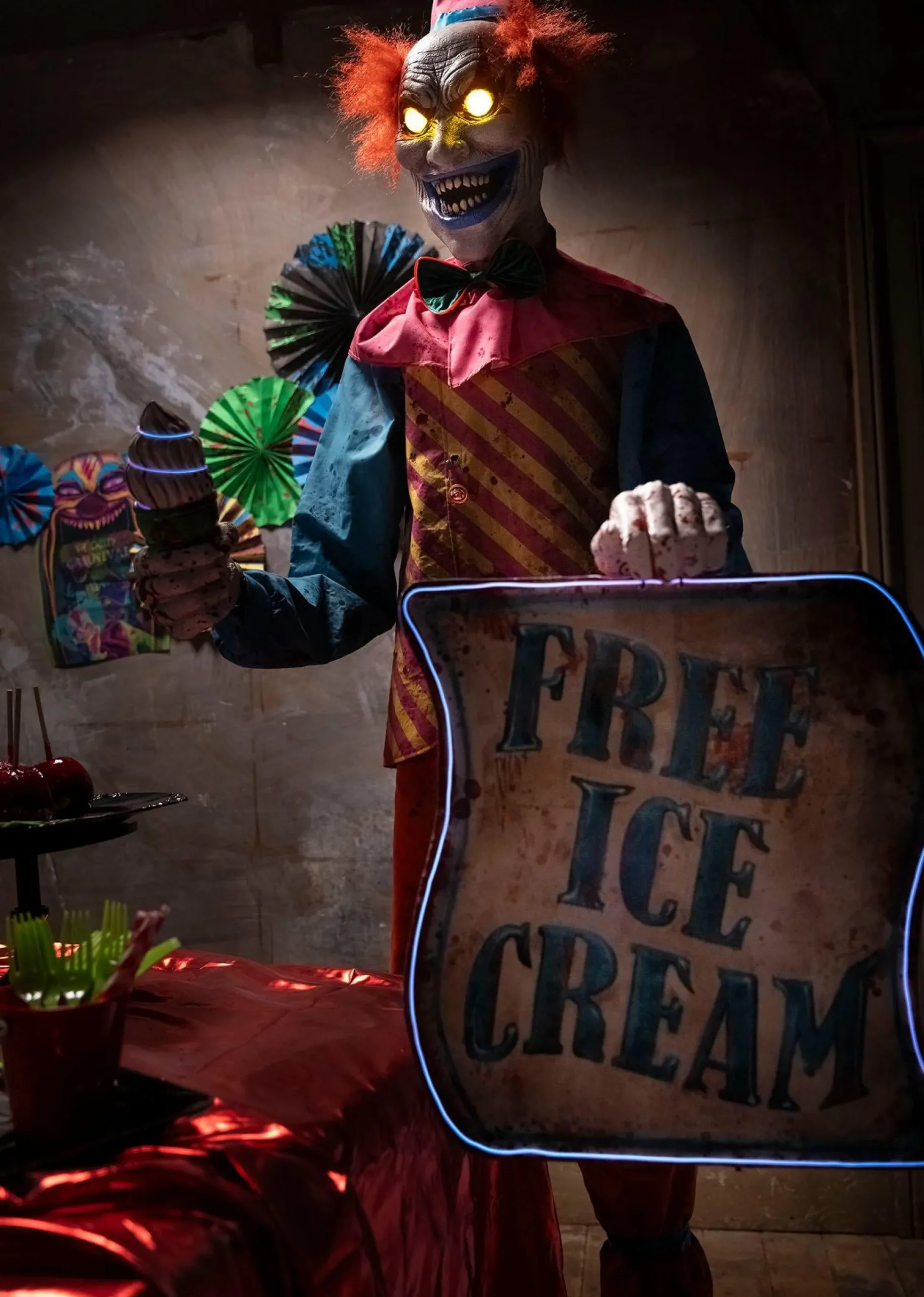 Party City Animatronic Light Up Talking Neon Ice Cream Clown, 6Ft| Creepy Carnival