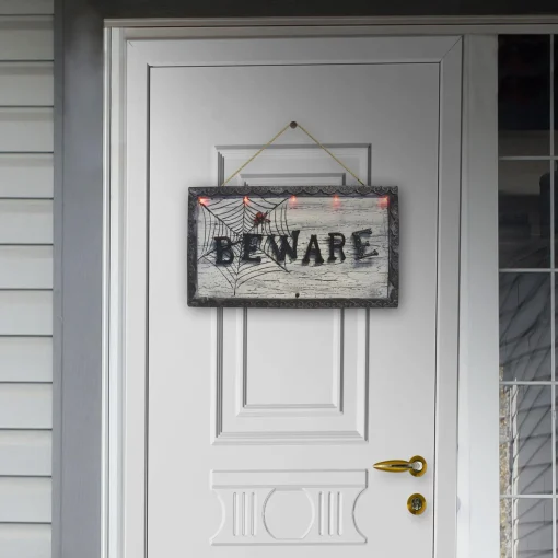 Party City Animatronic Light-Up Beware Plastic & Metal Sign, 18.5In X 10.6In - Halloween Decoration| Door Décor & Signs