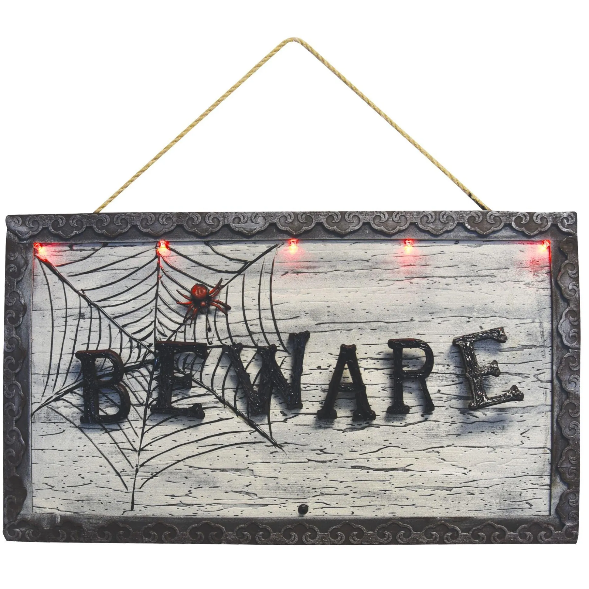 Party City Animatronic Light-Up Beware Plastic & Metal Sign, 18.5In X 10.6In - Halloween Decoration| Animatronics