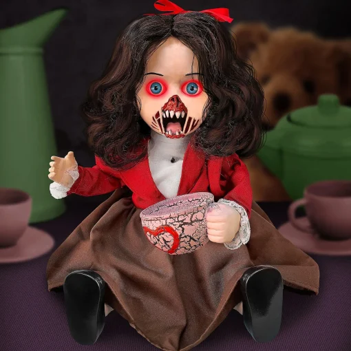 Party City Animatronic Light-Up Talking Zombie Doll With Tea Cup Plastic & Fabric Decoration, 11In X 12In| Table Décor & Centerpieces