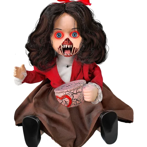 Party City Animatronic Light-Up Talking Zombie Doll With Tea Cup Plastic & Fabric Decoration, 11In X 12In| Table Décor & Centerpieces