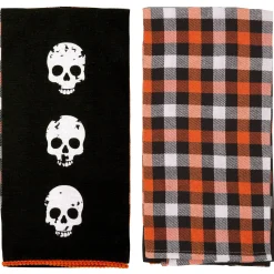 Party City Black & Orange Skulls & Buffalo Plaid Fabric Kitchen Towels, 18In X 28In, 2Ct| Table Décor & Centerpieces