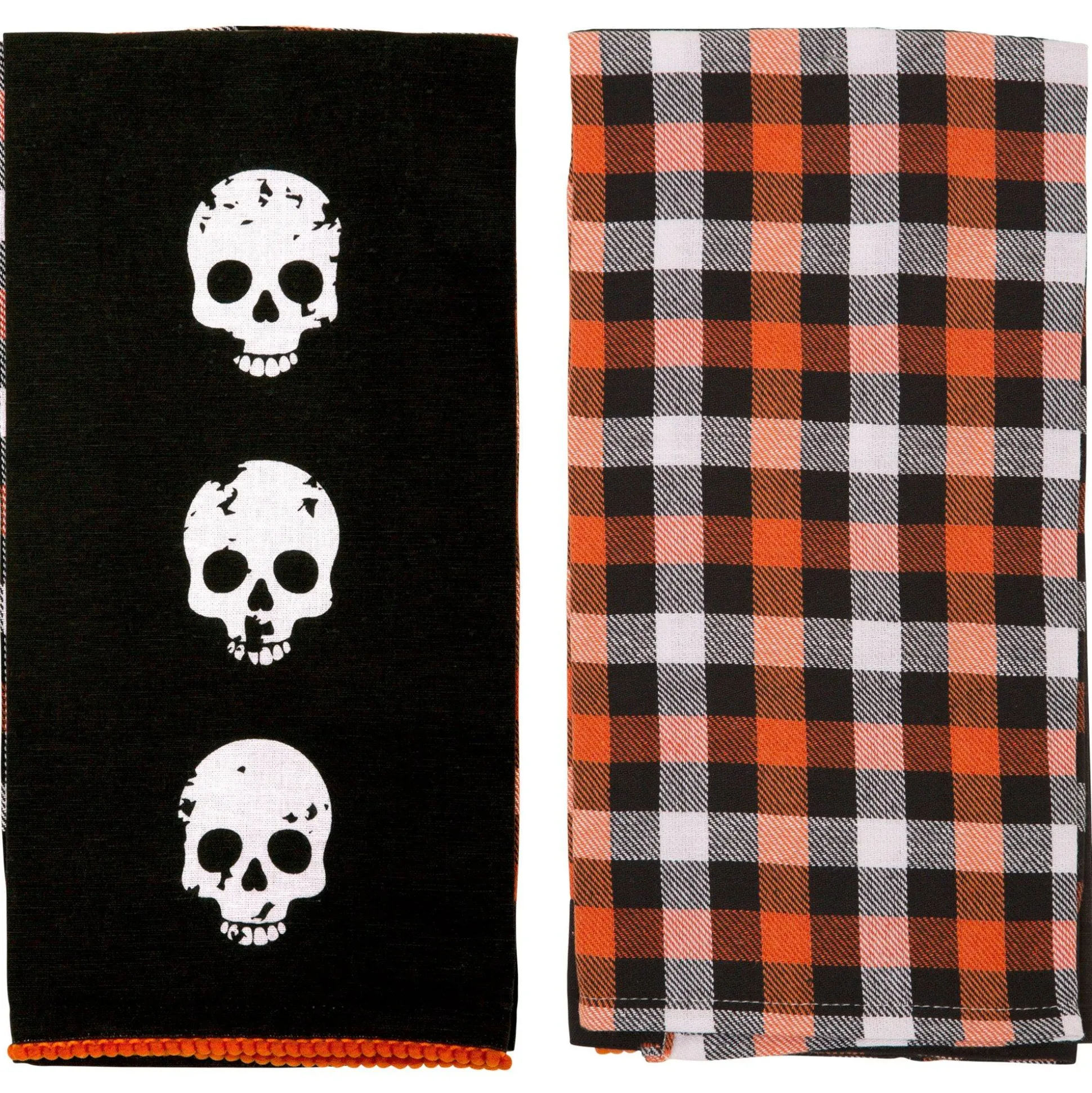 Party City Black & Orange Skulls & Buffalo Plaid Fabric Kitchen Towels, 18In X 28In, 2Ct| Table Décor & Centerpieces