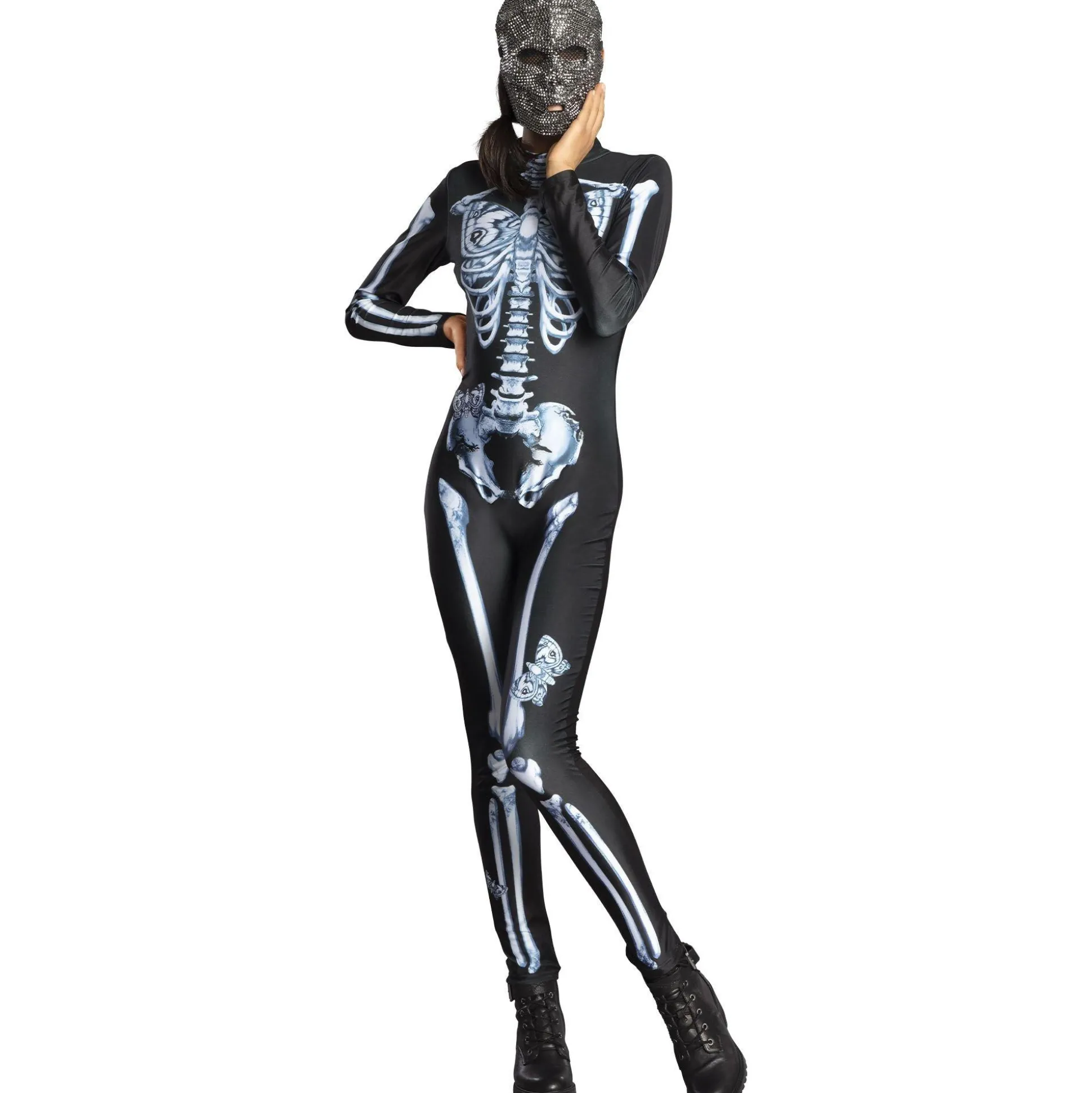 Store Black & White Skeleton Catsuit With Butterflies For Adults Bodywear