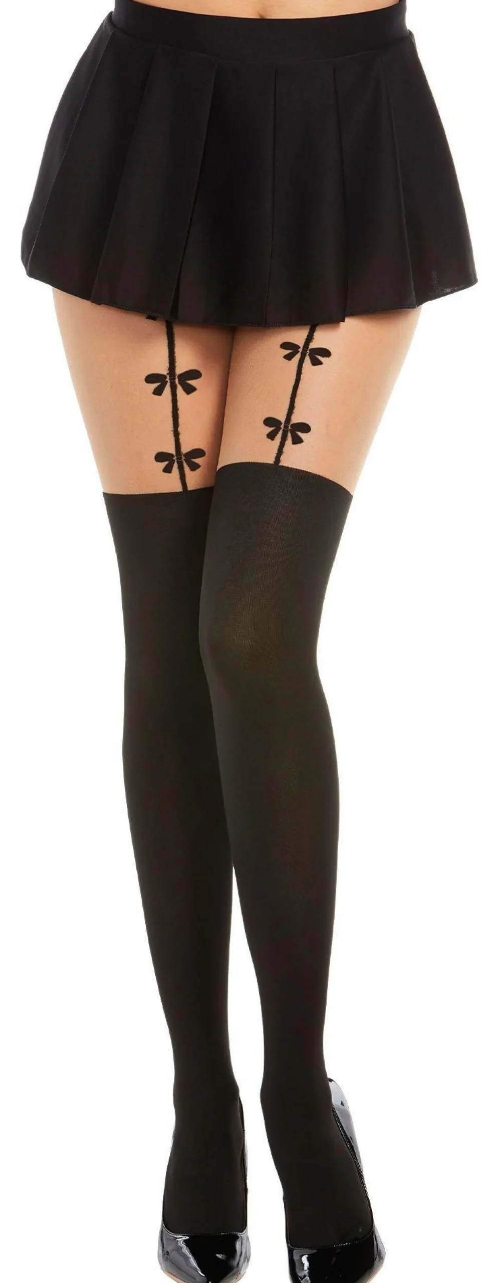 Flash Sale Black Opaque Pantyhose For Adults With Bow Garter Tights