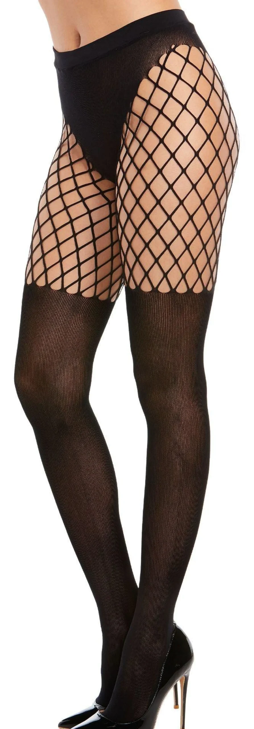 Cheap Black Opaque Pantyhose For Adults With Fishnet Thigh Tights