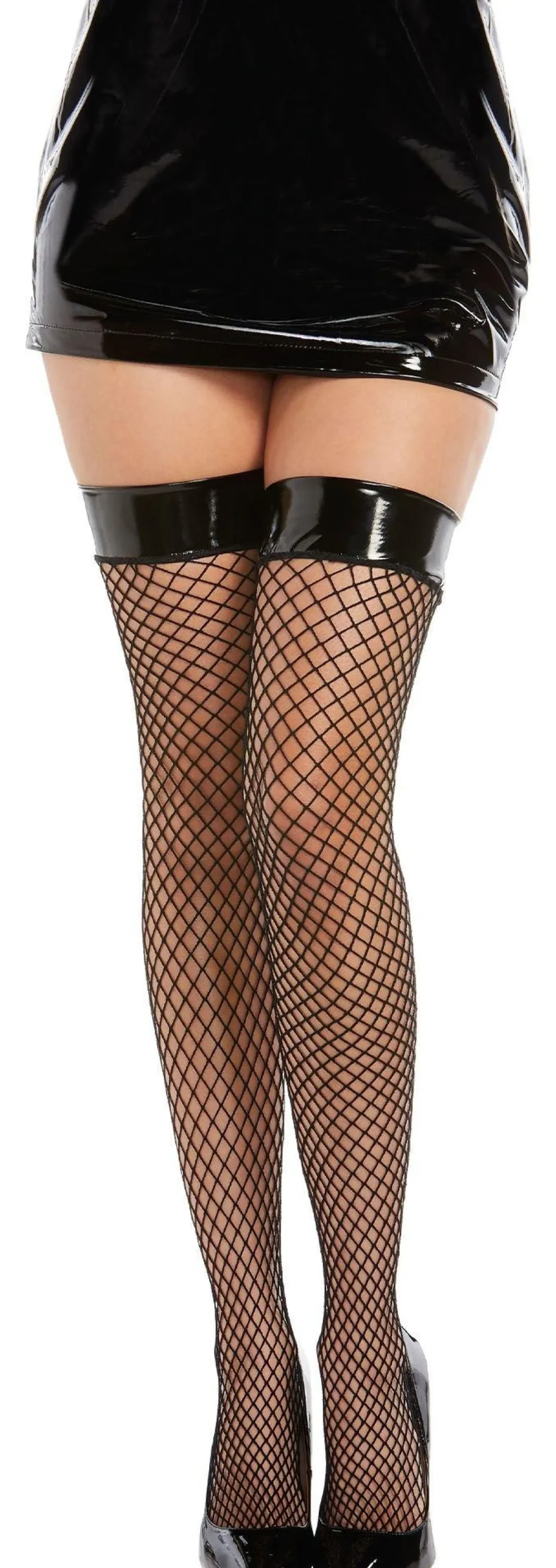 Cheap Black Vinyl Top Fishnet Thigh-High Stockings For Adults Tights