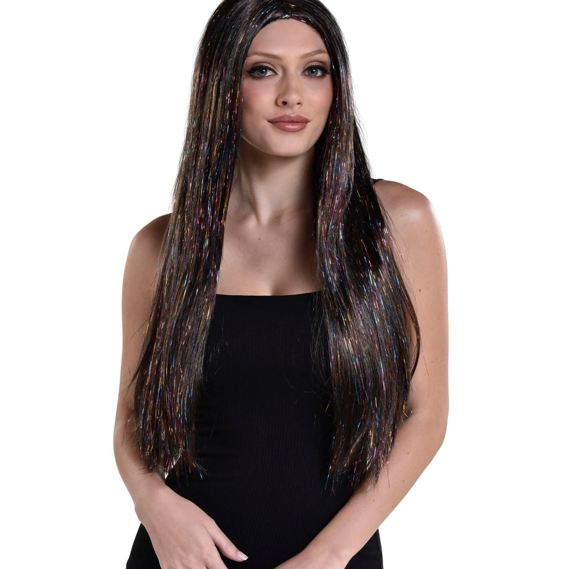 Best Sale Brunette & Iridescent Tinsel Long Straight Wig, 30In Wigs