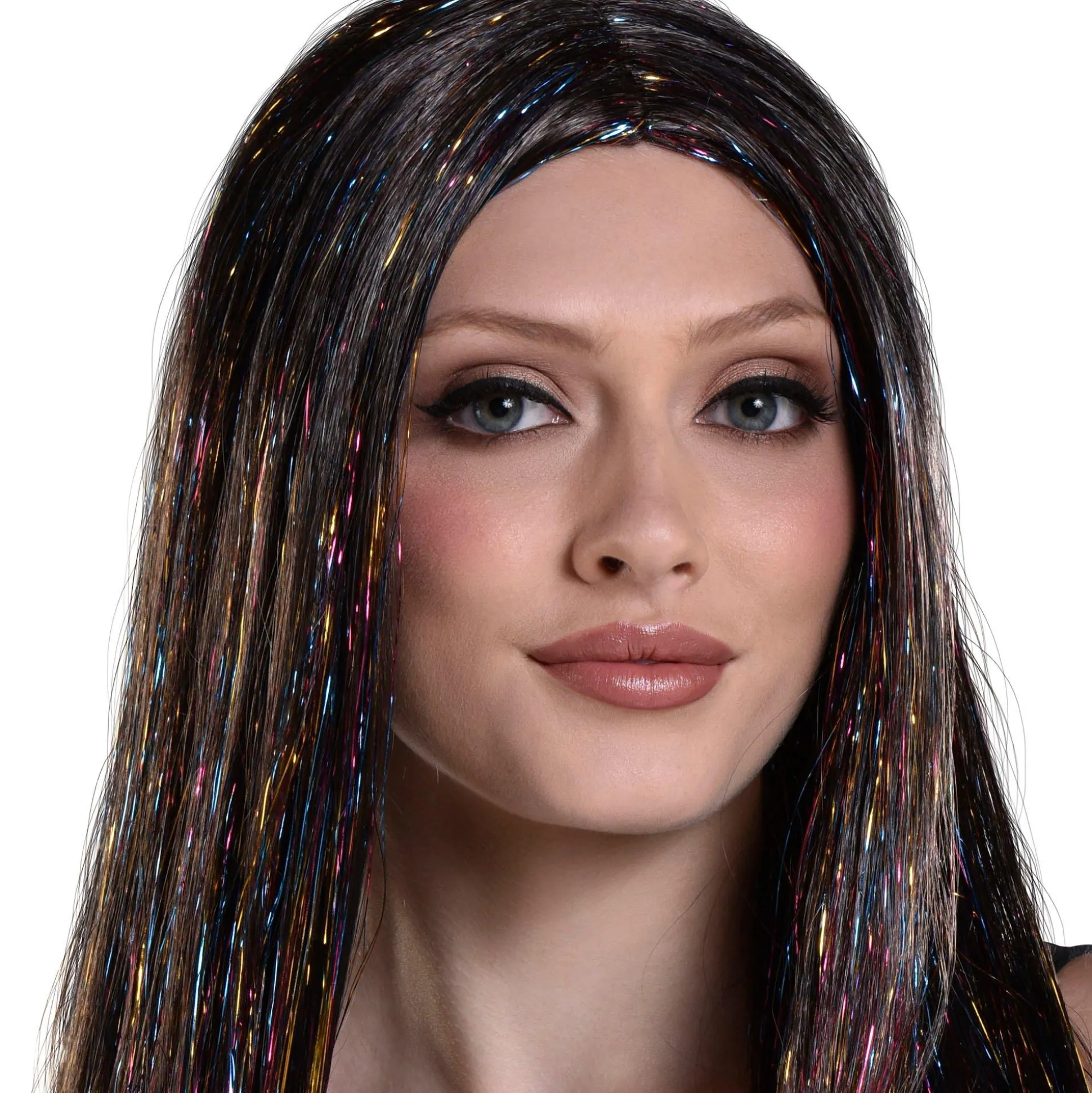 Best Sale Brunette & Iridescent Tinsel Long Straight Wig, 30In Wigs