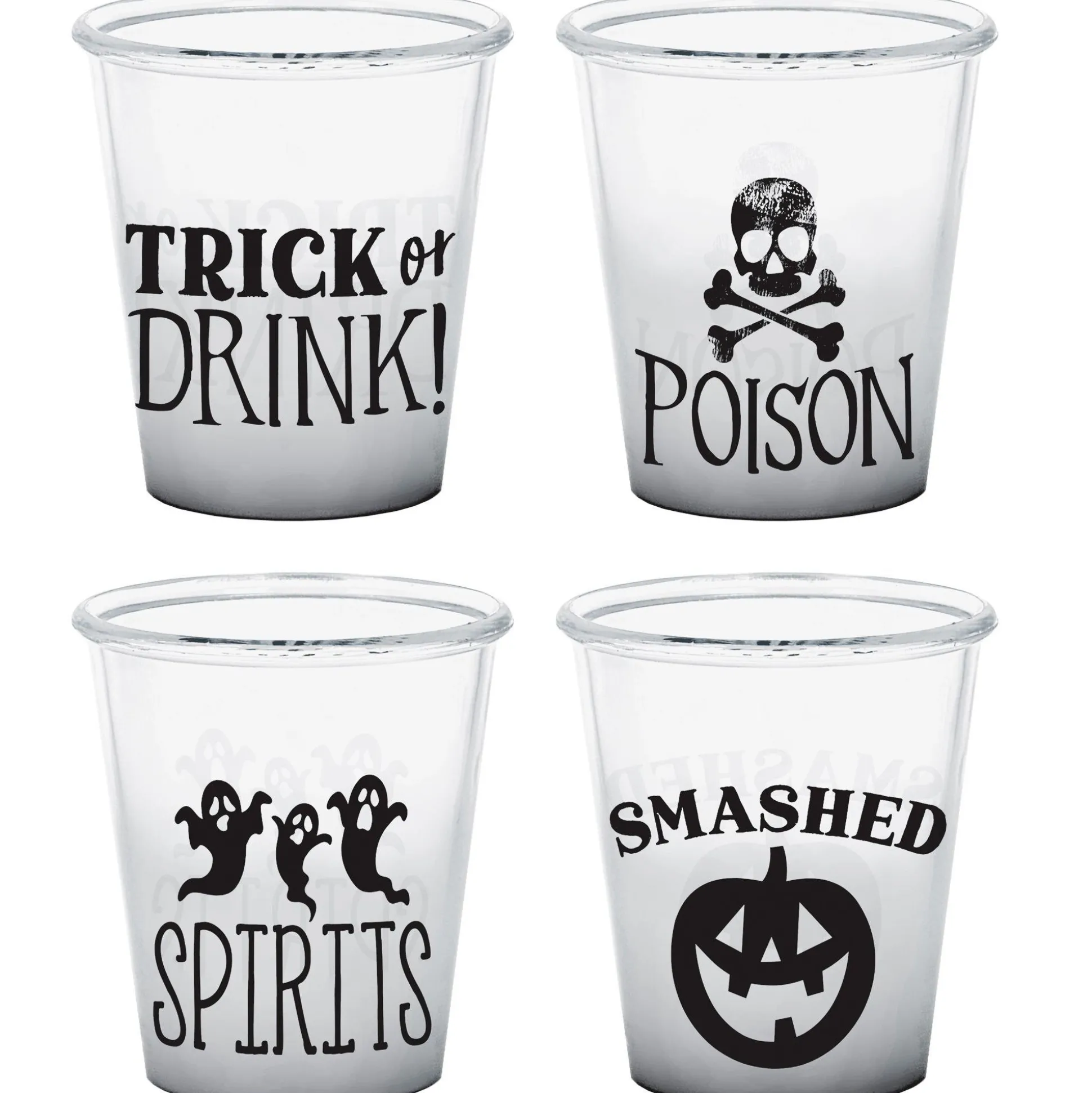 Party City Classic Black & White Halloween Plastic Shot Glasses, 1.5Oz, 4Ct| Wicked Haunting