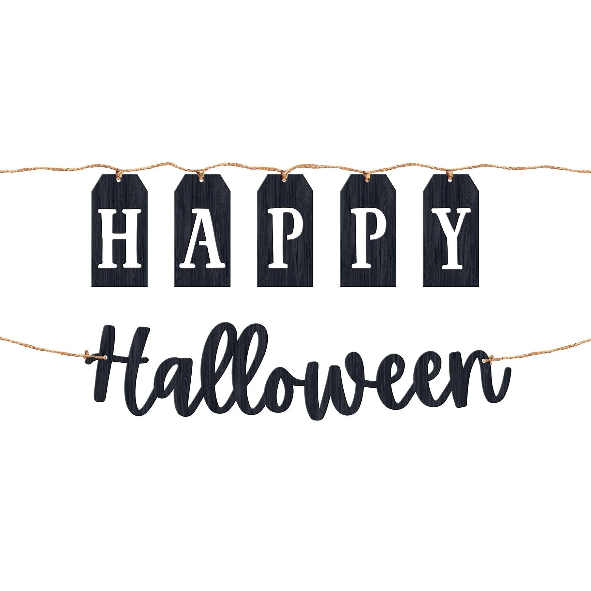 Party City Classic Black & White Happy Halloween Wood & Twine Banners, 6Ft, 2Ct| Window & Wall Décor