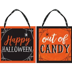 Party City Classic Orange & Black Halloween Out Of Candy Reversible Fiberboard Sign, 12In X 12In| Door Décor & Signs