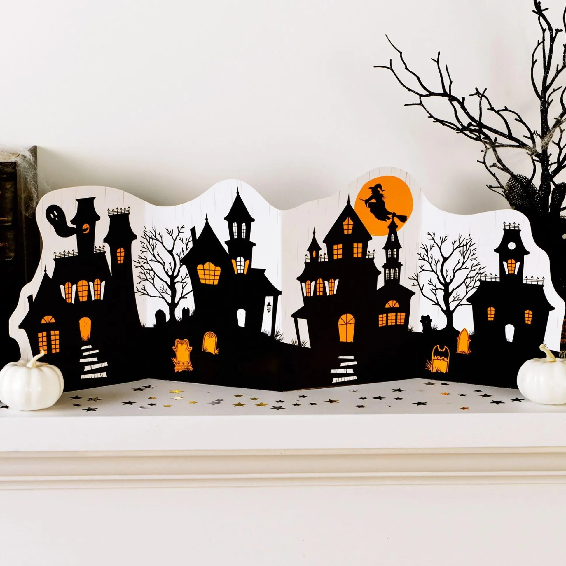 Party City Classic Orange & Black Haunted Village Paper & Plastic Table Decorating Kit, 2Pc| Home Décor