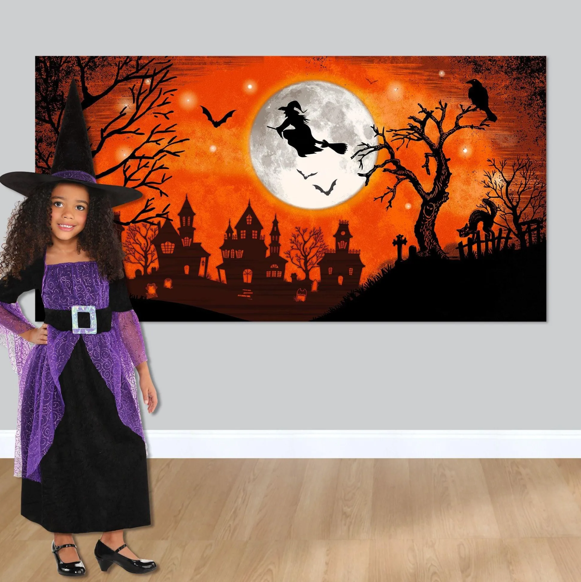 Party City Classic Orange & Black Witch Plastic Scene Setter Add-On, 5.4Ft X 2.8Ft| Window & Wall Décor