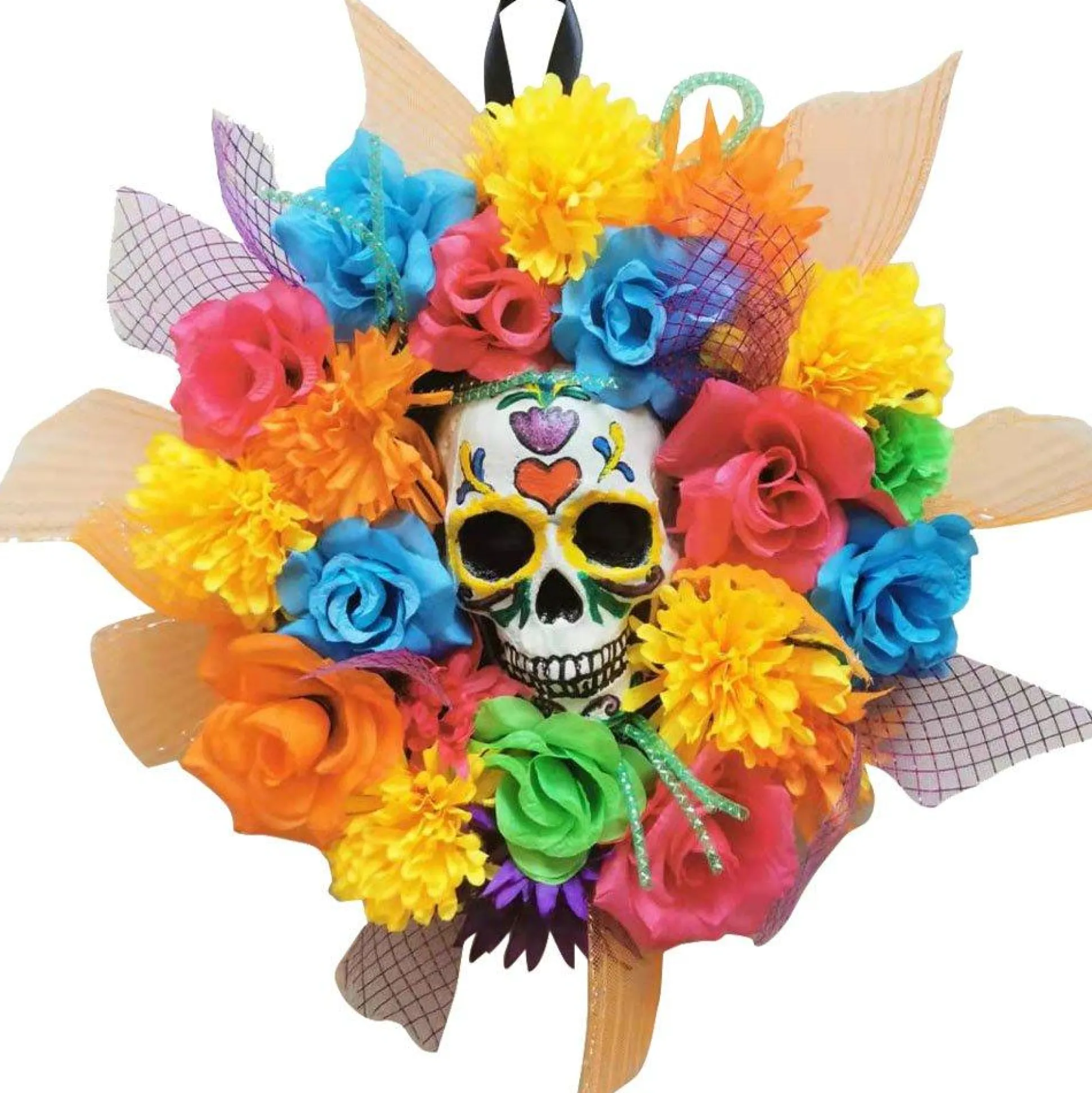 Party City Colorful Floral Calavera Day Of The Dead Wreath, 17In| Home Décor