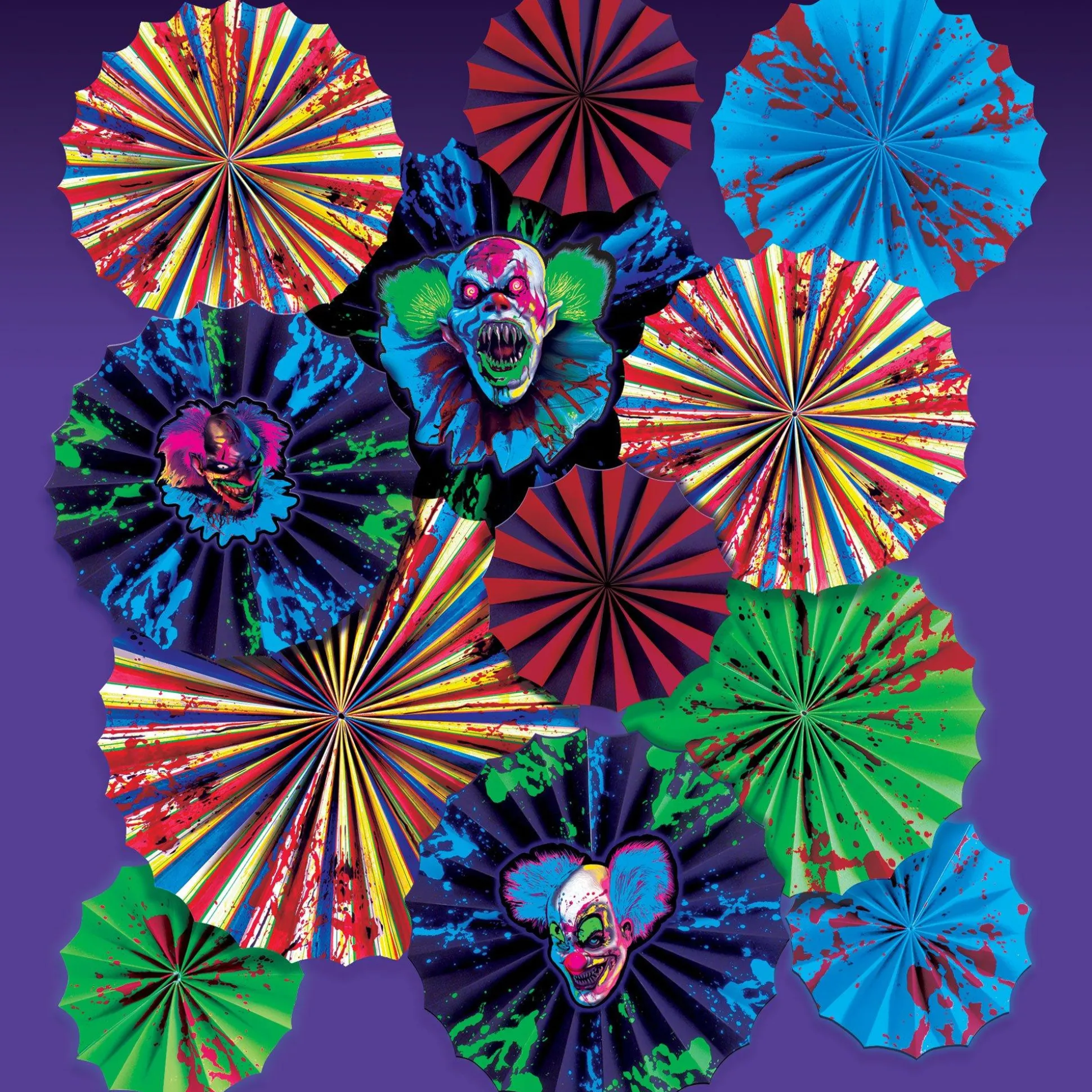 Party City Creepy Carnival Black Light Reactive Paper Fan Decorating Kit, 15Pc| Window & Wall Décor