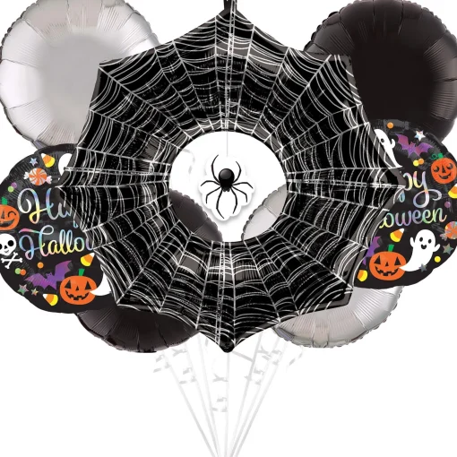 Party City Creepy Spider Halloween Foil Balloon Bouquet, 7Pc| Spiderweb Night