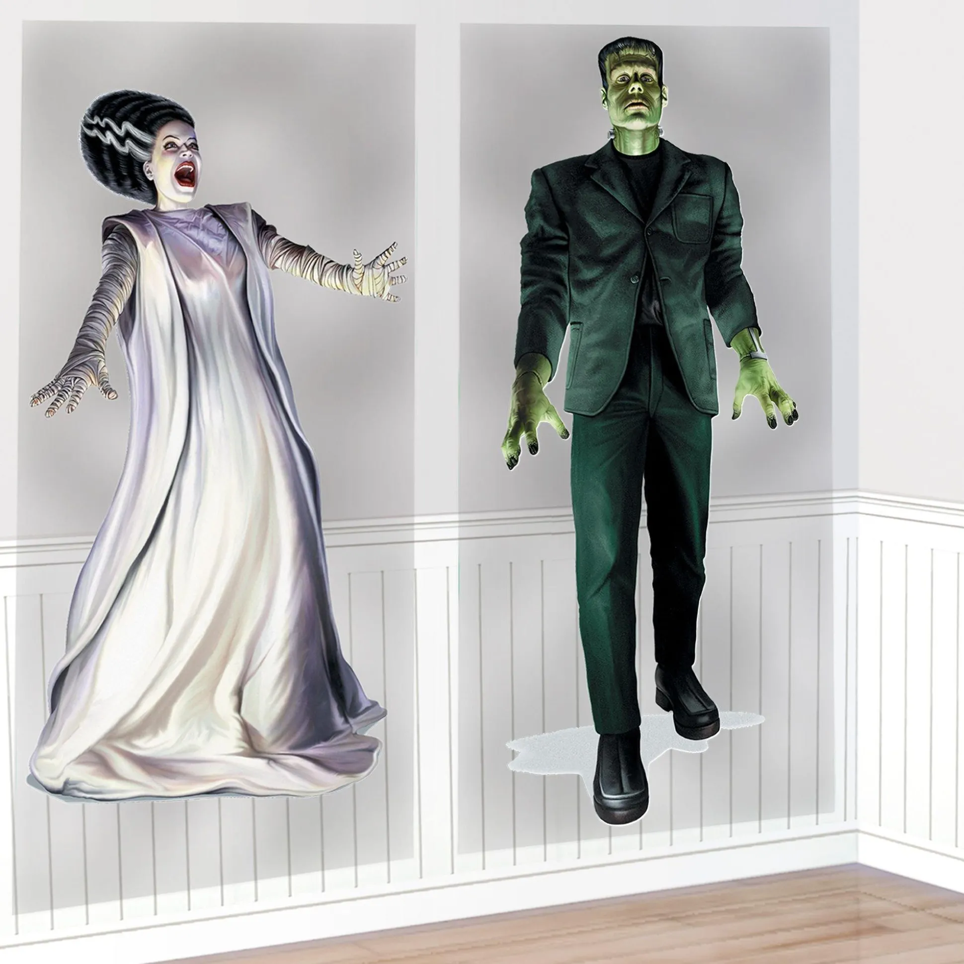 Party City Frankenstein & Bride Of Frankenstein Plastic Scene Setter Add-Ons, 2.8Ft X 5.4In, 2Ct - Universal Classic Monsters| Window & Wall Décor