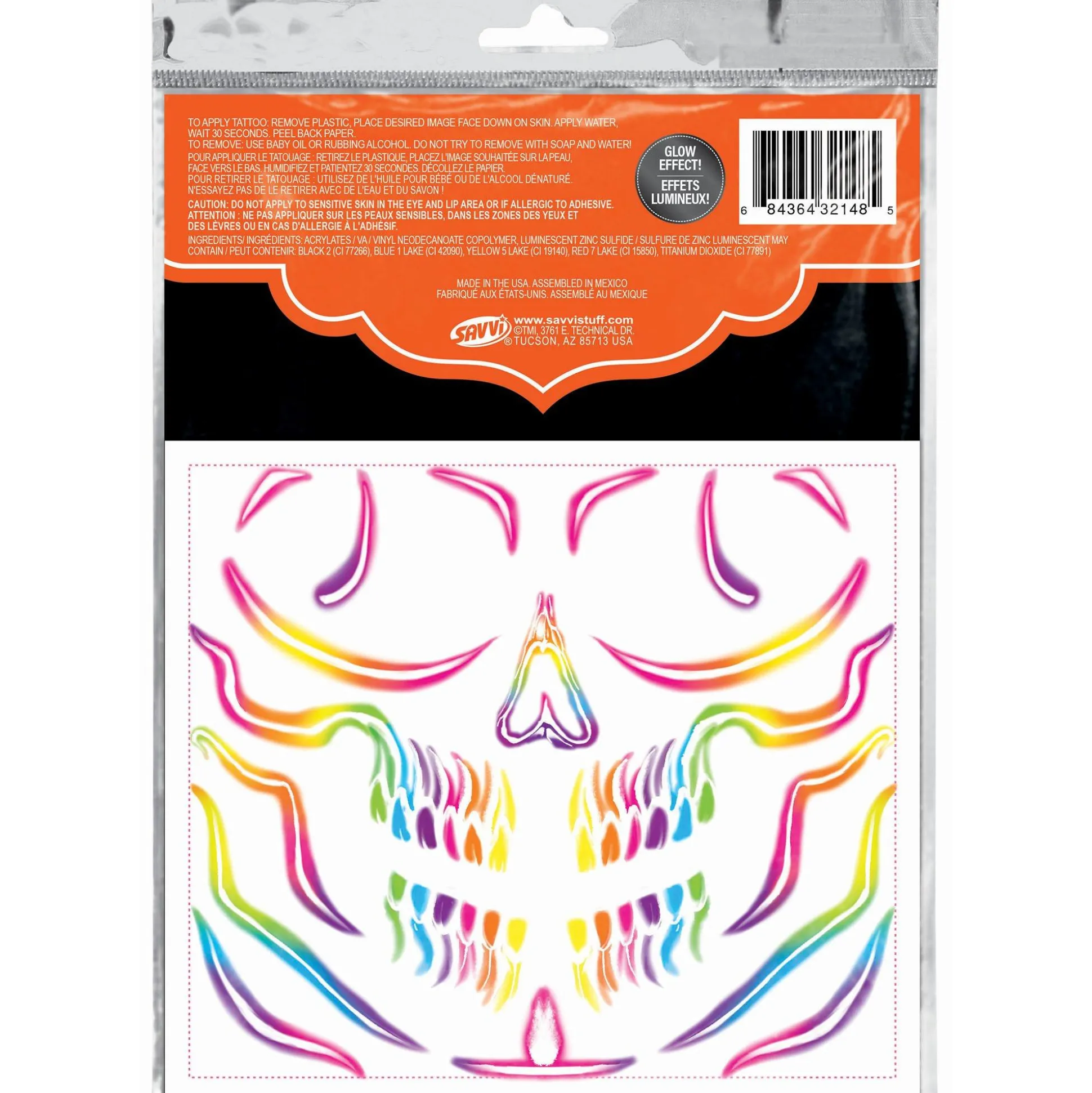 Discount Glowing Bright Colorful Skull Temporary Face Tattoos, 24Pc Makeup