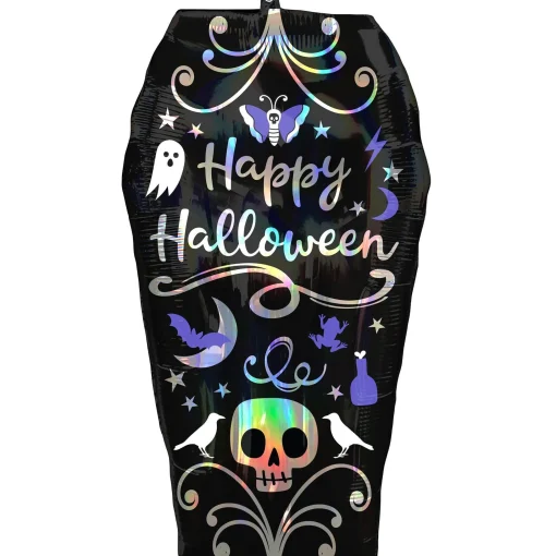 Party City Iridescent Stars & Swirls Happy Halloween Coffin-Shaped Foil Balloon, 15In X 17In| Balloons