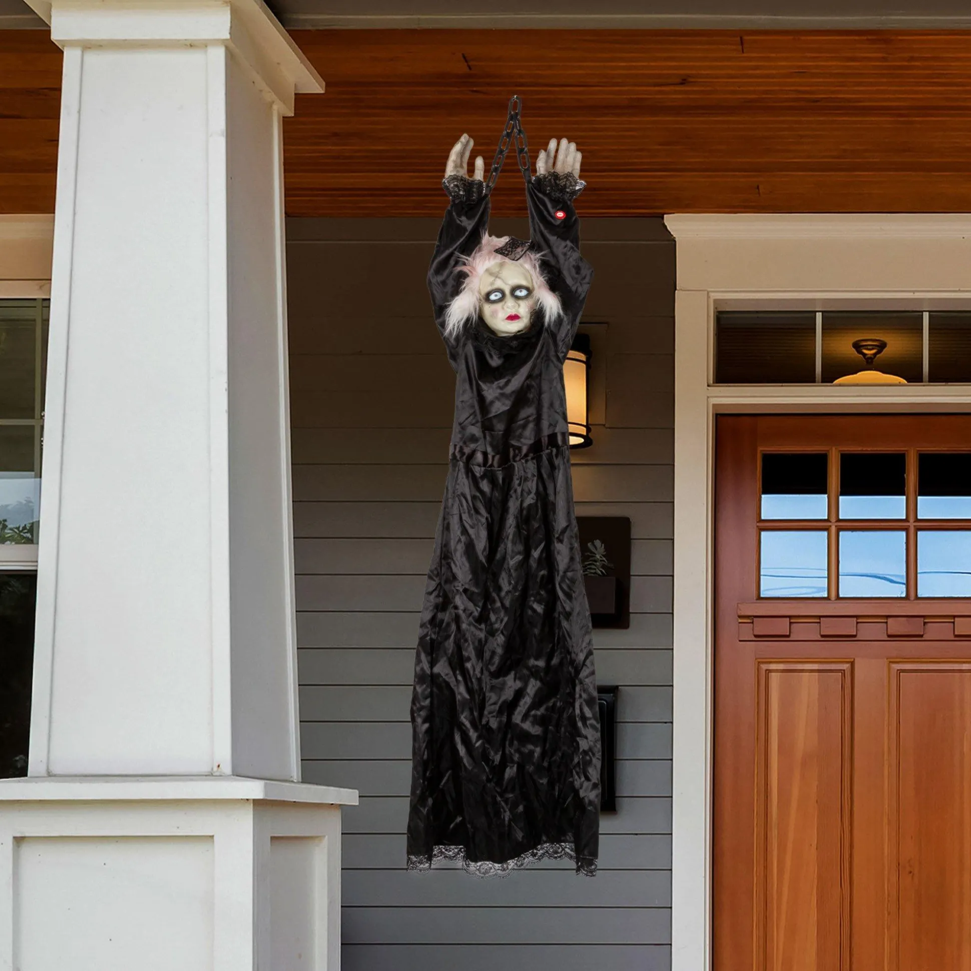 Party City Light-Up Animated Creepy Doll Plastic & Fabric Hanging Decoration With Sounds, 53In| Door Décor & Signs