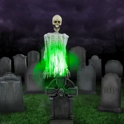 Party City Light-Up Floating Skeleton Ghost & Gravestone Fabric & Plastic Yard Decoration With Sounds, 6Ft| Animatronics