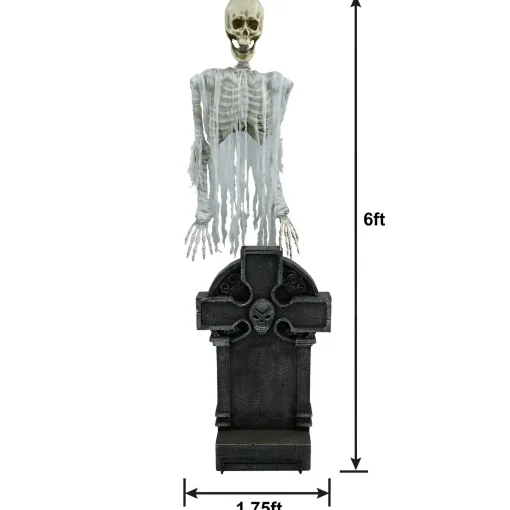 Party City Light-Up Floating Skeleton Ghost & Gravestone Fabric & Plastic Yard Decoration With Sounds, 6Ft| Animatronics