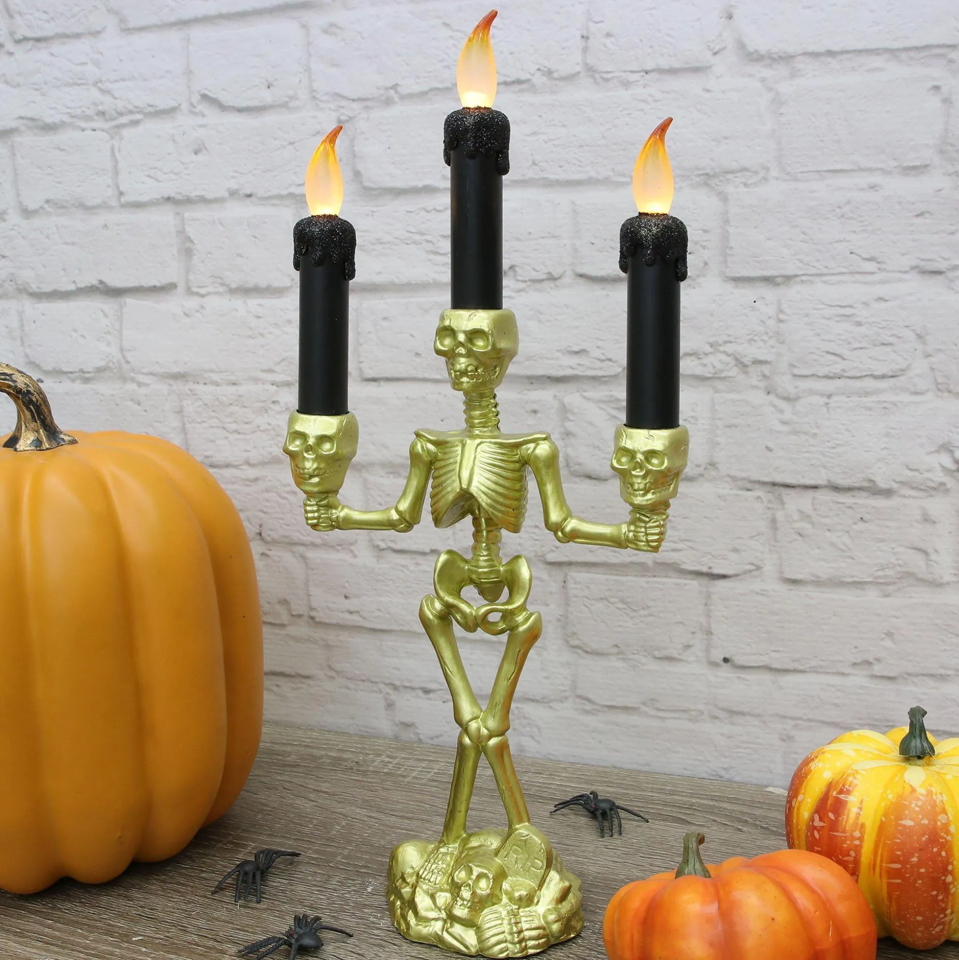 Party City Light-Up Gold Skeleton Plastic Candelabra, 6.3In X 14In| Strobe Lights & Black Lights