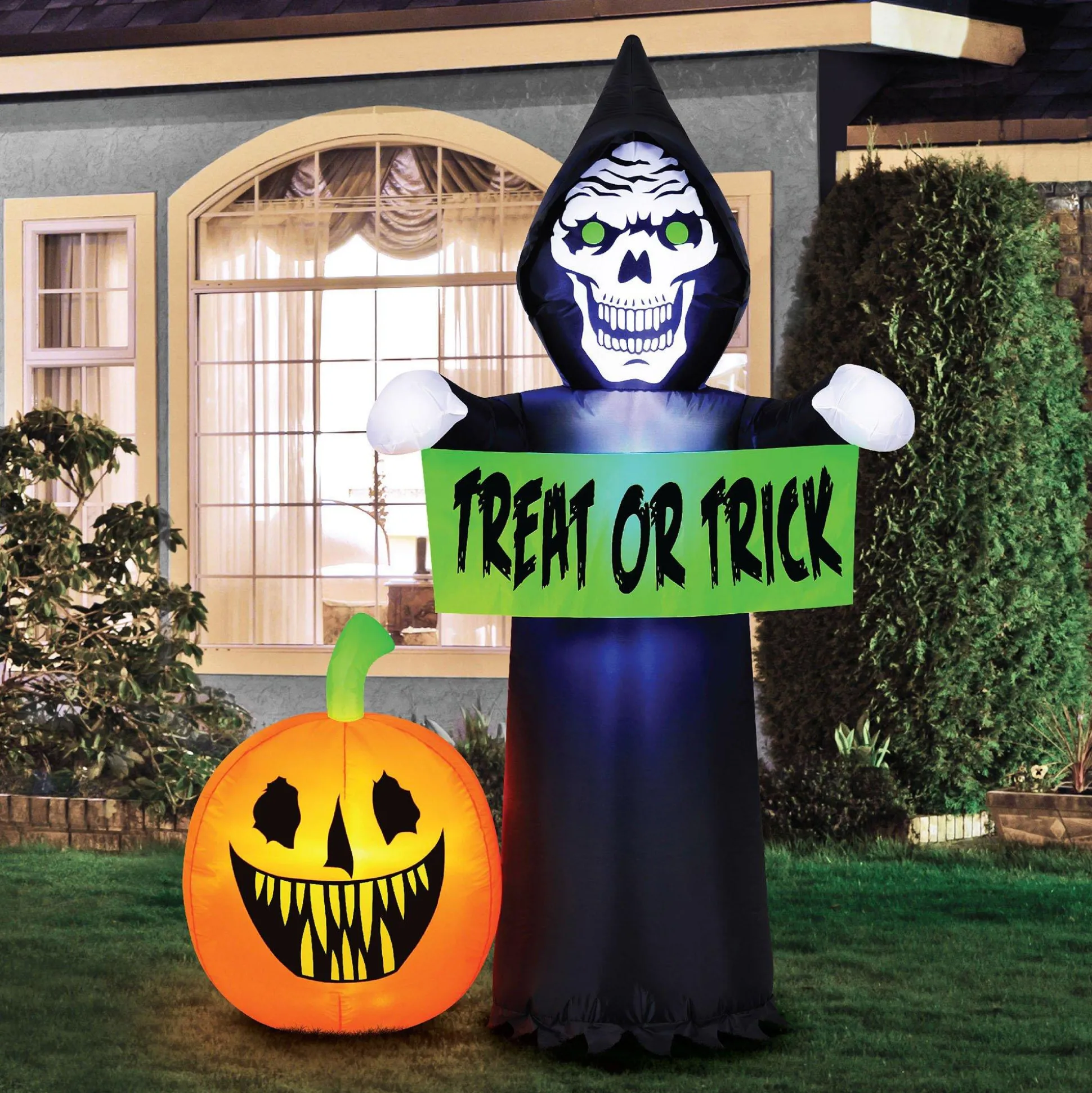 Party City Light-Up Halloween Reaper & Jack-O'-Lantern Inflatable Yard Decoration, 5.5Ft| Inflatables & Blow-Ups