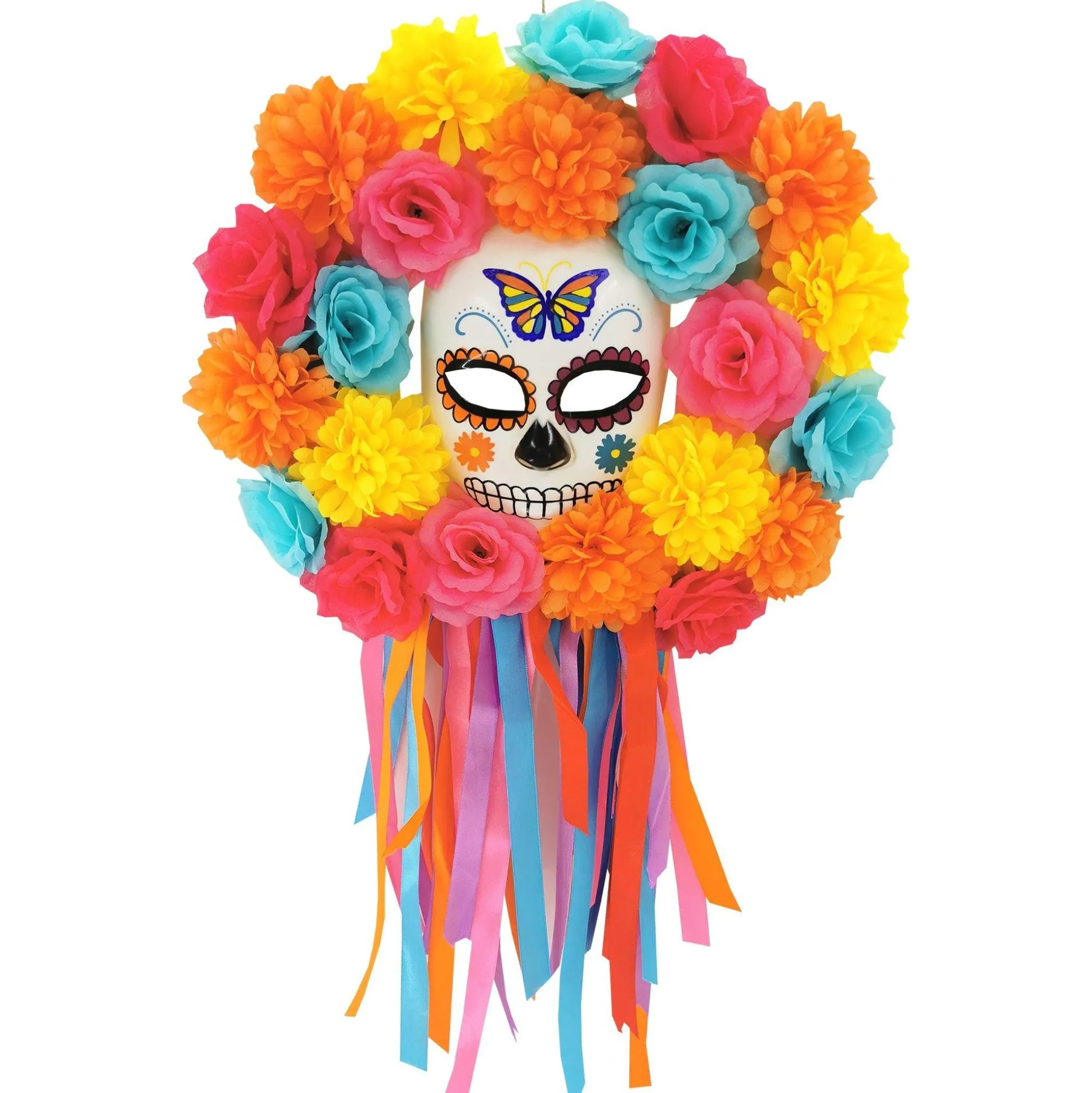 Party City Multicolor Floral Calavera Day Of The Dead Wreath, 18In| Door Décor & Signs