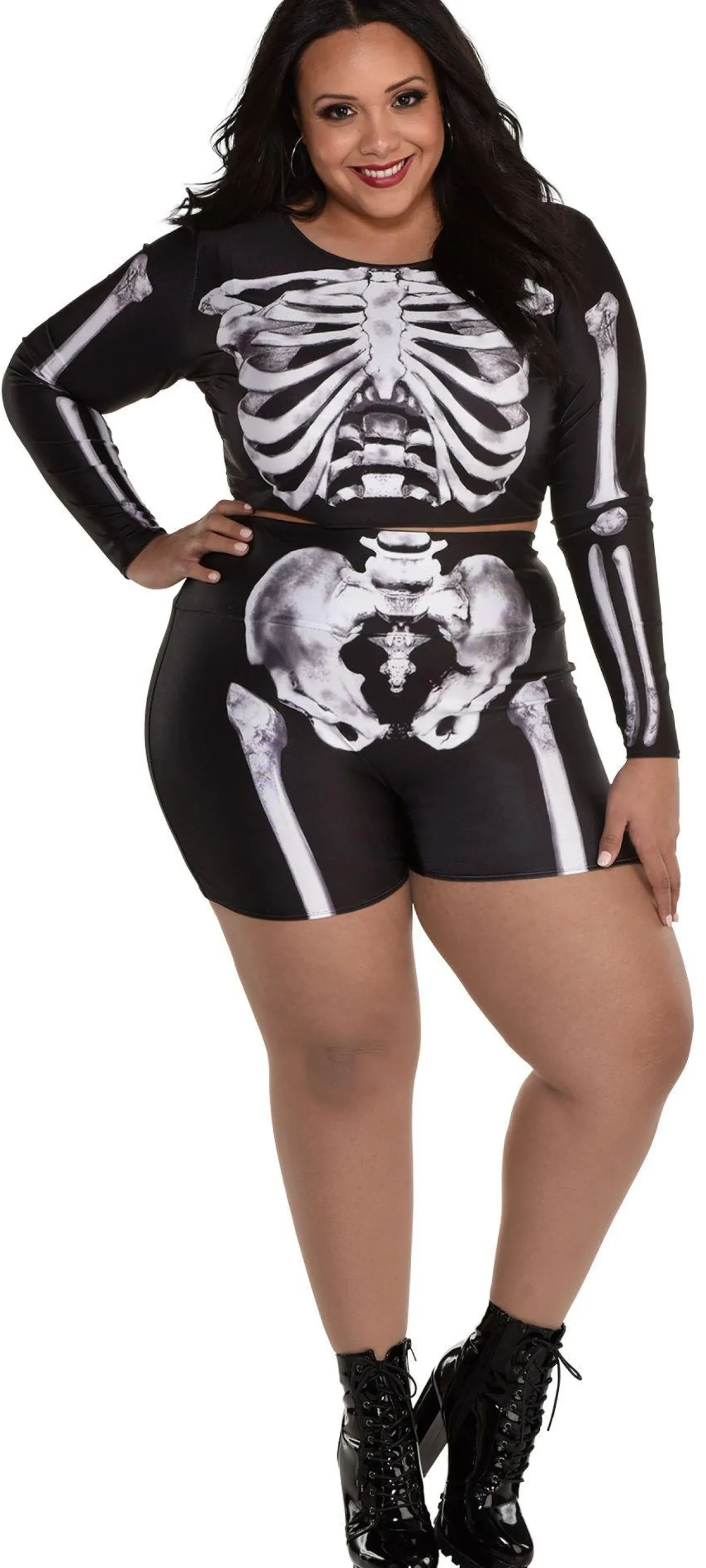 Sale Plus Size Skeleton Crop Top & Biker Shorts Set For Adults Women Sexy