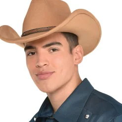 Online Tan Cowboy Hat With Faux Leather Trim, One Size Cowboy